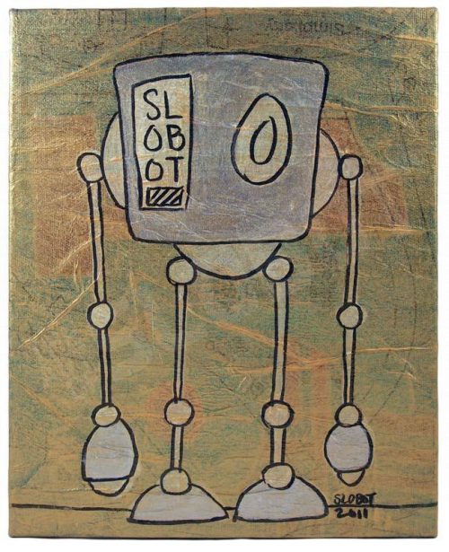 robot pop art mike slobot boxbot in gold