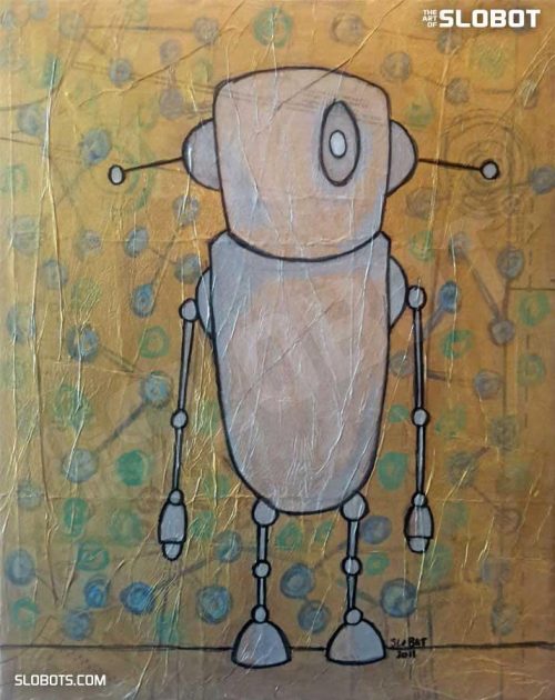 Robot Art painting with gold and glow in the dark