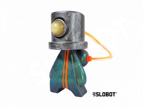 Slobot SM1 is a shiny, glittery holographic robot sculpture by Mike Slobot